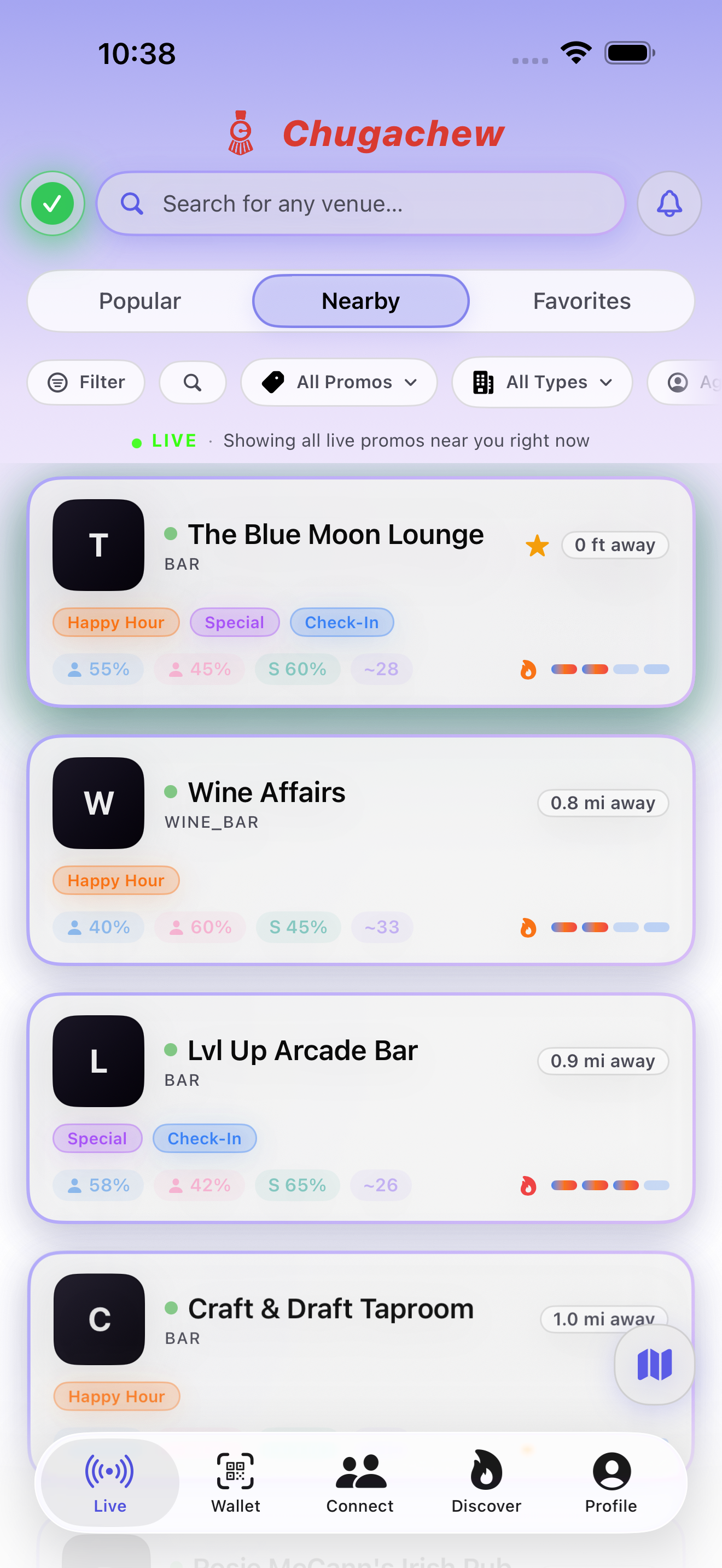 Chugachew app showing nearby venues with live crowd levels